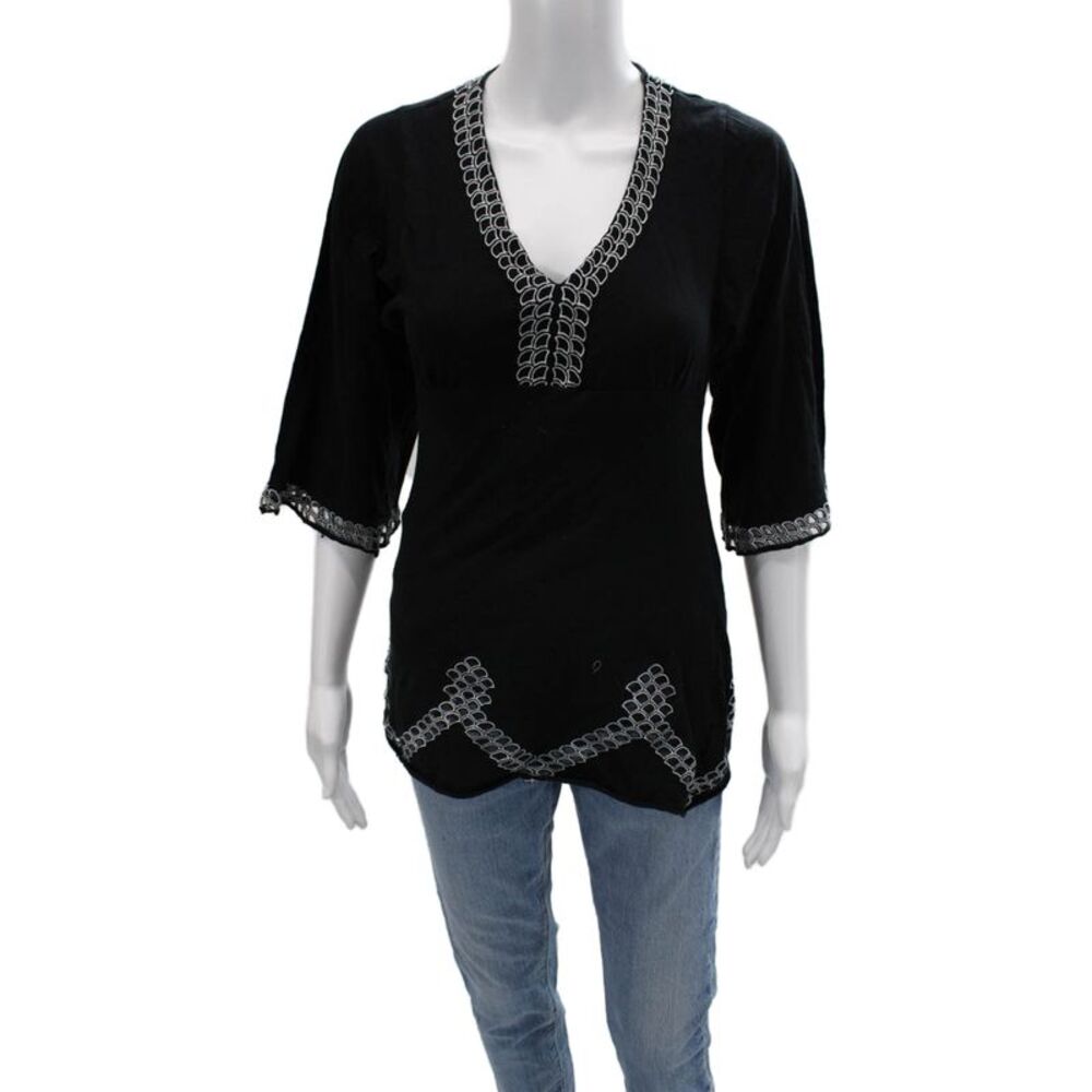 BCBG Max Azria Women Tunic Black V-Neck 3/4 Sleeve 100% Cotton Bohemian Size S